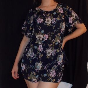 Adorable Navy Blue Floral Romper with Pockets